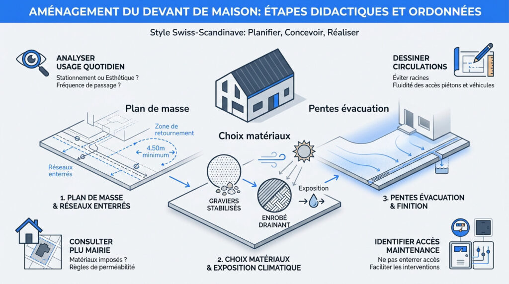 Infographie illustrant les étapes pour aménager l'entrée d'une maison (plan, matériaux, évacuation).