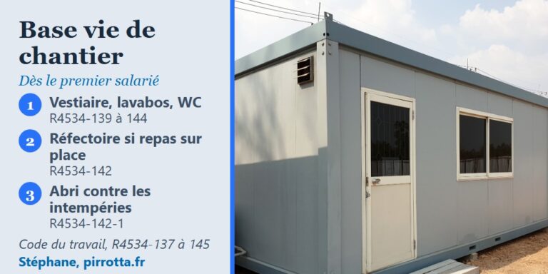 Base vie de chantier : module préfabriqué gris clair posé sur un terrain en chantier, porte et fenêtre crème