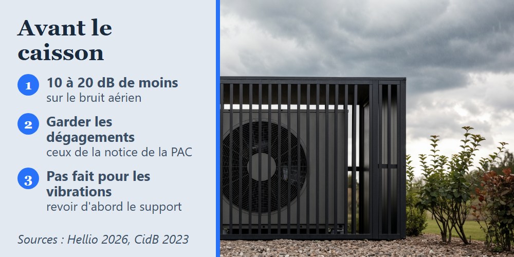 Caisson anti-bruit à lames en aluminium autour de l'unité extérieure d'une pompe à chaleur, posé sur un lit de gravier