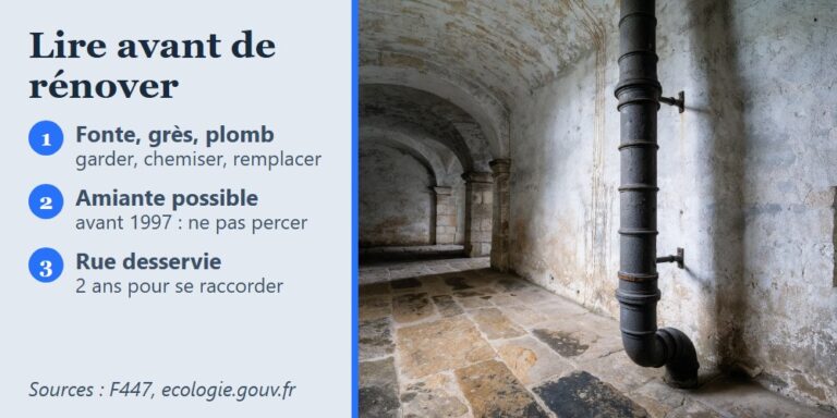 Évacuation des eaux usées dans une maison ancienne : colonne de chute en fonte le long d'un mur de cave