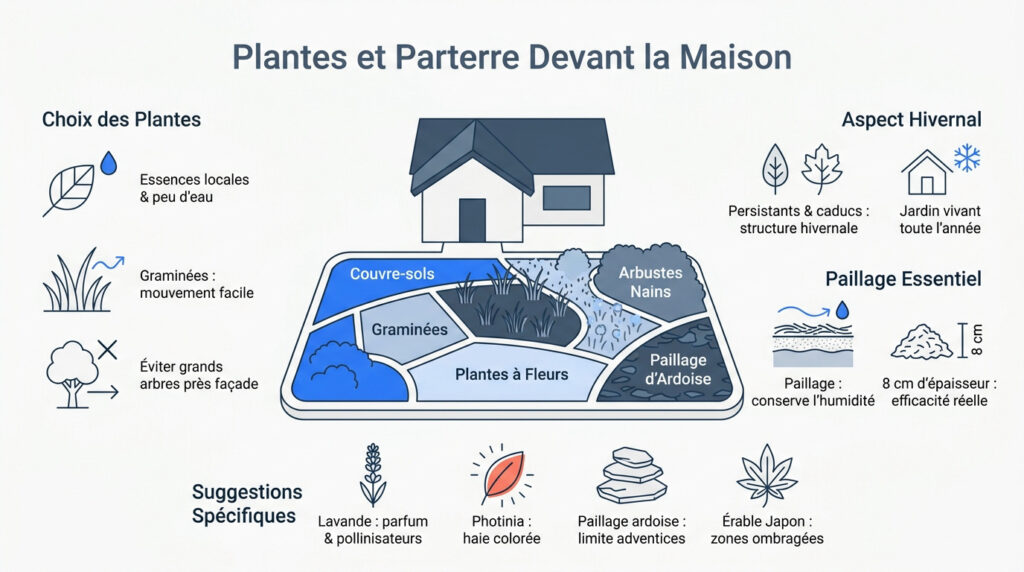 Infographie illustrant des conseils pour l'aménagement paysager d'un jardin devant une maison.