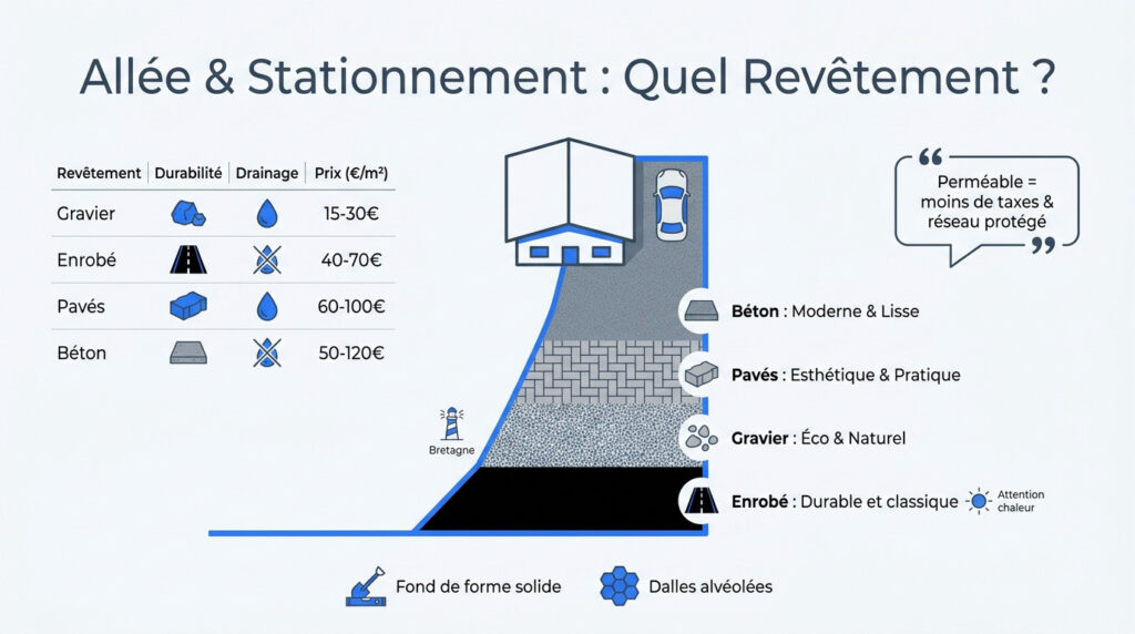 Infographie comparant les prix et caractéristiques du gravier, enrobé, pavés et béton pour une allée de maison.
