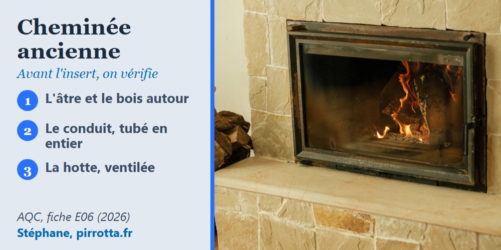 Insert à bûches encastré dans une cheminée en pierre, avec le panneau des vérifications avant la pose
