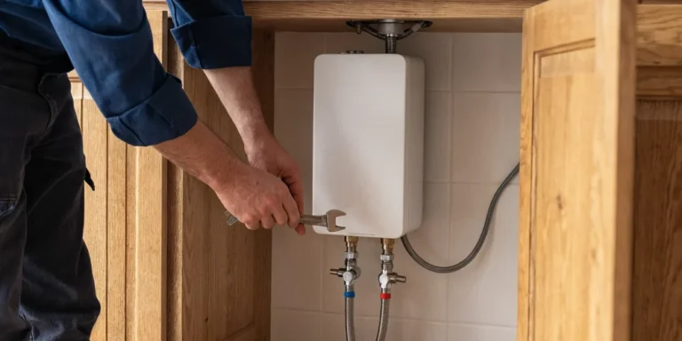 Installation d'un chauffe-eau instantané électrique compact sous un évier, raccordé à l'eau froide et à l'eau chaude