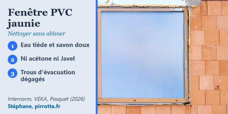 Fenêtre PVC neuve sous film de protection sur un chantier, et le bon geste pour nettoyer une fenêtre PVC jaunie
