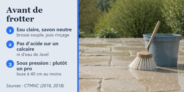 Terrasse en pierre naturelle claire rincée à l'eau, brosse souple et seau, et trois règles pour la nettoyer sans l'abîmer