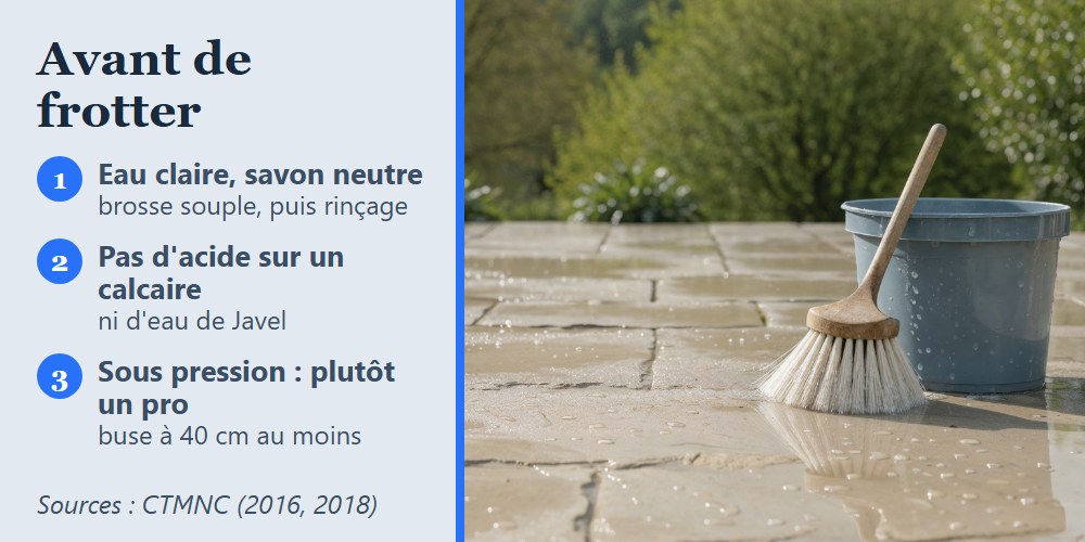 Terrasse en pierre naturelle claire rincée à l'eau, brosse souple et seau, et trois règles pour la nettoyer sans l'abîmer