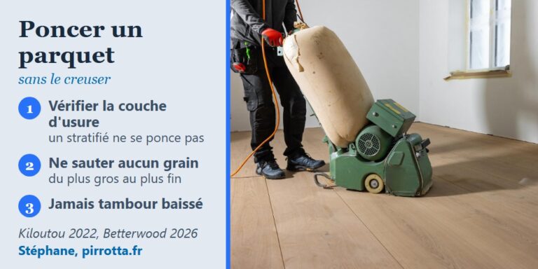 Ponceuse à bande sur un parquet en chêne, avec trois règles pour poncer un parquet : couche d'usure, grains, tambour relevé