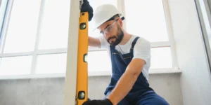 Pose de fenêtre PVC : poseur contrôlant au niveau à bulle l'aplomb du dormant d'une fenêtre blanche