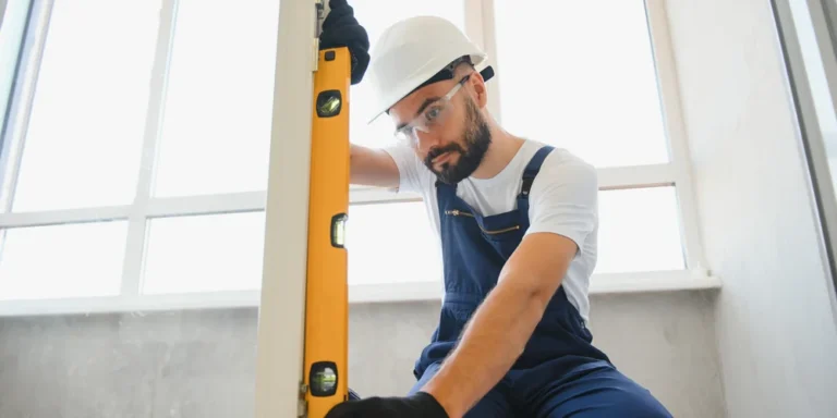 Pose de fenêtre PVC : poseur contrôlant au niveau à bulle l'aplomb du dormant d'une fenêtre blanche