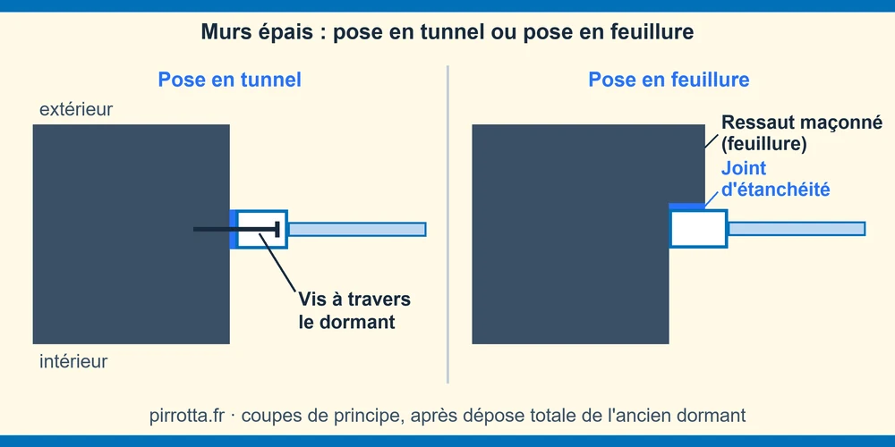 Coupe d'une pose en tunnel : dormant de fenêtre PVC vissé dans l'épaisseur du mur, joint d'étanchéité côté maçonnerie